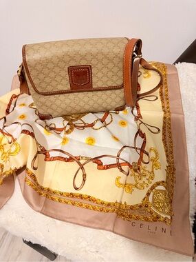 Celine Beige Monogram Canvas Crossbody with Brown Leather Trim